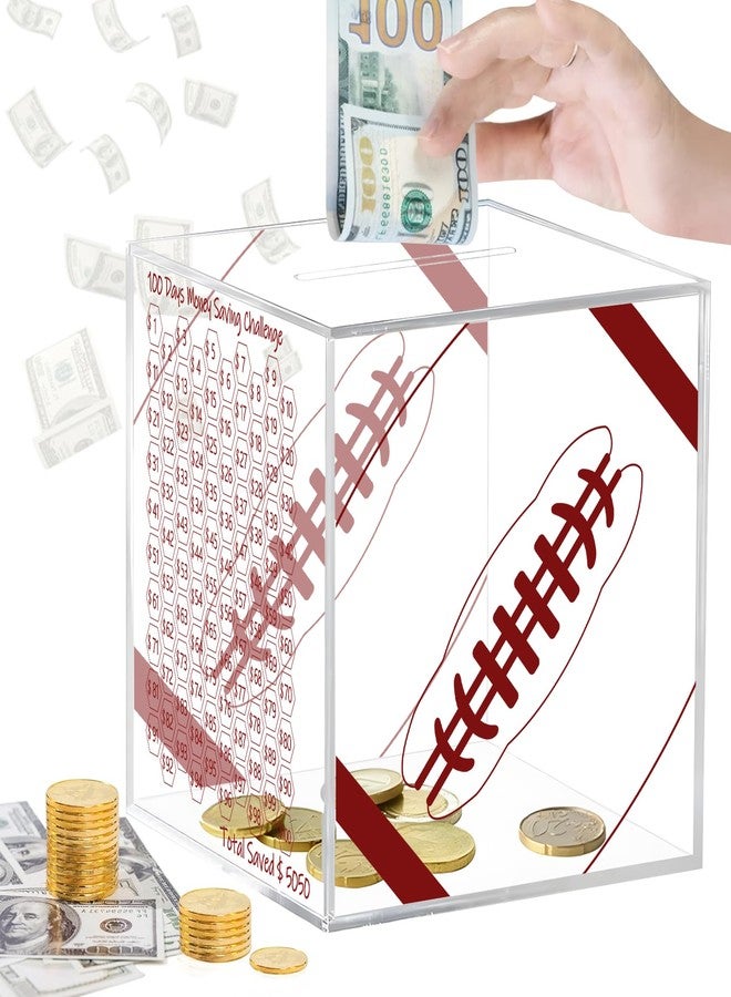 حصالة نقود للكبار من جميع الأعمار - صندوق على شكل كرة قدم غير قابل للفتح، صندوق توفير نقود من الأكريليك الشفاف، تحدي توفير 100 يوم للنقود والعملات المعدنية، يجب كسره لفتحه، وفر 5050 دولارًا - Image 1